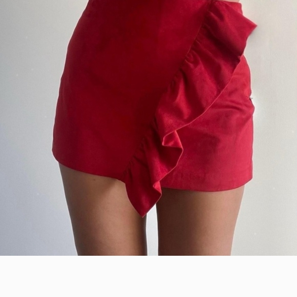 Zara Red Mini Skirt Skort Ruffle Detail Faux Suede Medium Festival Concert Fire